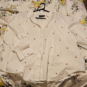 Lane Bryant White Button Down Shirt with Red Hearts